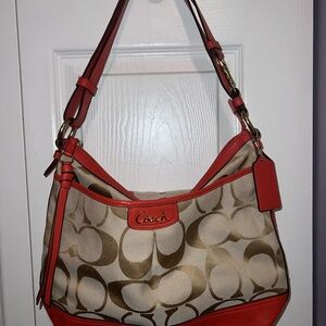 Coach Tan and Red Signature Shoulder Bag